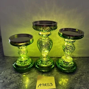 3 Mercury Glass Candle Holder Pedestals Valerie Parr Hill Green lighted - Picture 1 of 23