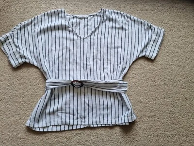 Mango White Stripe Belted Top Cotton - Image 1 of 3