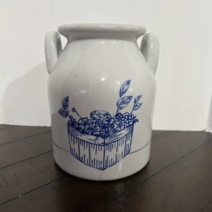 Vintage Ceramic Crock Canister Blue Flower Box Double Handles - Picture 1 of 5