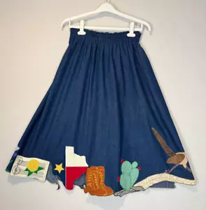 Vtg 70s Patchwork Maxi Skirt Texas Bluebonnets Yellow Rose Denim Embroidered S/M - Picture 1 of 8