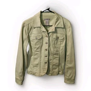 A.M.I Lime Green Cotton Denim Jean  Jacket 4 pockets, button up, Size Small  - Picture 1 of 11