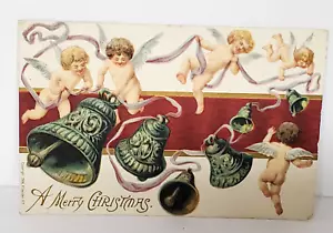Weihnachts Postkarte geprägt Cherubs Engel und Glocken Vintage gestempelt 1908 - Bild 1 von 3
