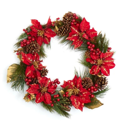 30" Artificial Red Winter Poinsettia and Pine Wreath with Gold Glitter - Image 1 of 3