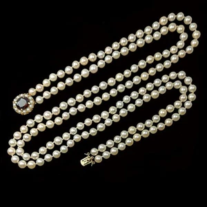 Vintage Pearl Necklace Garnet Clasp 9ct Gold London 1964 Twin Strand Pearls 25" - Picture 1 of 8