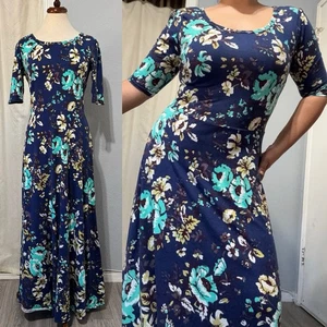 LuLaRoe Damen Maxi A-Linie Kleid blau Blumen Rundhals 3/4 Arm Größe M - Bild 1 von 16
