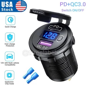 12V QC3.0 + PD Double USB Voiture Chargeur Rapide Prise Alimentation LED Voltmètre USA - Photo 1 sur 8