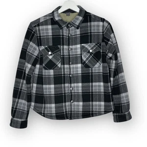 Eddie Bauer Sherpa Lined Snaps Black Plaid Flannel Shirt Jacket Youth Size 10/12 - Picture 1 of 10