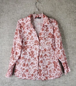 Zara 100% Linen Pink Floral Button Up Blouse Womens *L-XL Pocket Collar Boho EUC - Picture 1 of 12