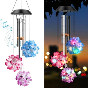 Solar Wind Chimes for Outside, Hydrangea Flowers Solar Wind Chime, Color Chan... - Picture 1 of 8