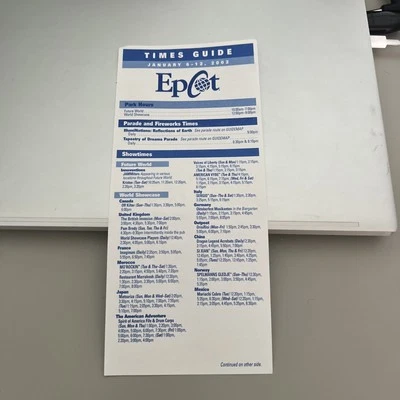 Epcot souvenir - timetable 2002 - 6th January 2002 Band and ride times - unique  - Image 1 of 4