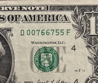 $1 One Dollar Bill 2021 • Fancy Serial Number • 00766755 • 4 Pair REPEATER RADAR - Image 1 of 3