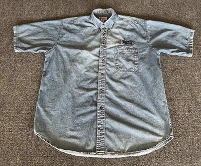 仙人掌绳复古衬衫蓝色牛仔刺绣标志短袖纽扣 XL — 第 1/4 张图片