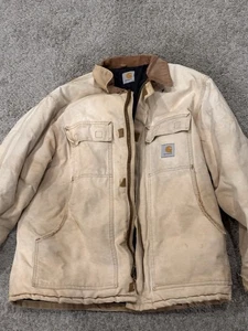 VTG Men’s Carhartt Chore Coat Tan Brown Blanket Lined Jacket Distressed Sz L/XL - Picture 1 of 10