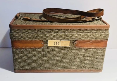 De Colección Hartmann Marrón Tweed Cuero Equipaje Maquillaje Cosmético Tren Estuche Combo Bloqueo Foto 1 de 4