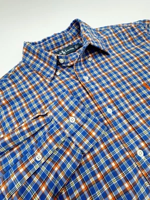 Ralph Lauren 衬衫男式 L 蓝色橙色双面法兰绒格子布衬里 — 第 1/4 张图片