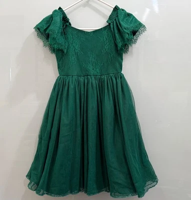 Pre Owned Bonnie Jean Green Lace Flutter Sleeve Party Holiday Dress Size 10 - Image 1 of 4