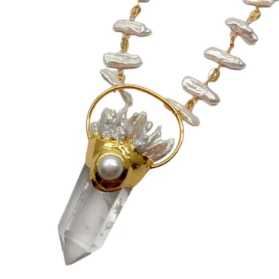 Collar de cadena colgante de perlas Biwa blancas punta de cuarzo transparente natural 21" Foto 1 de 4