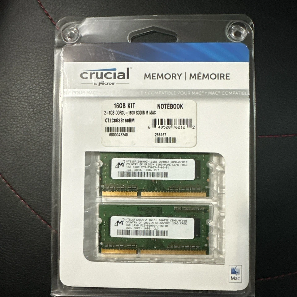 Crucial 2x 8GB 16GB DDR3L- 1600- Mac Notebook Apple iMac Memory Kit In Box - Image 1 of 1