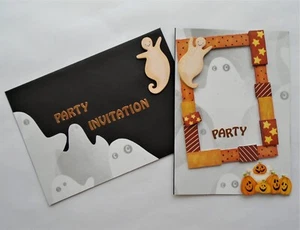 7 HALLOWEEN INVITATIONS. FRAMED GHOST AND PUMPKINS. HANDMADE ORIGINALS. - Picture 1 of 9