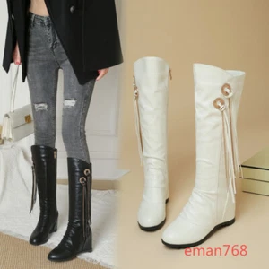 Women Tassels Decor Winter Knee High Boots Wedge Mid Heels Warm Tall Calf Shoes - Picture 1 of 14