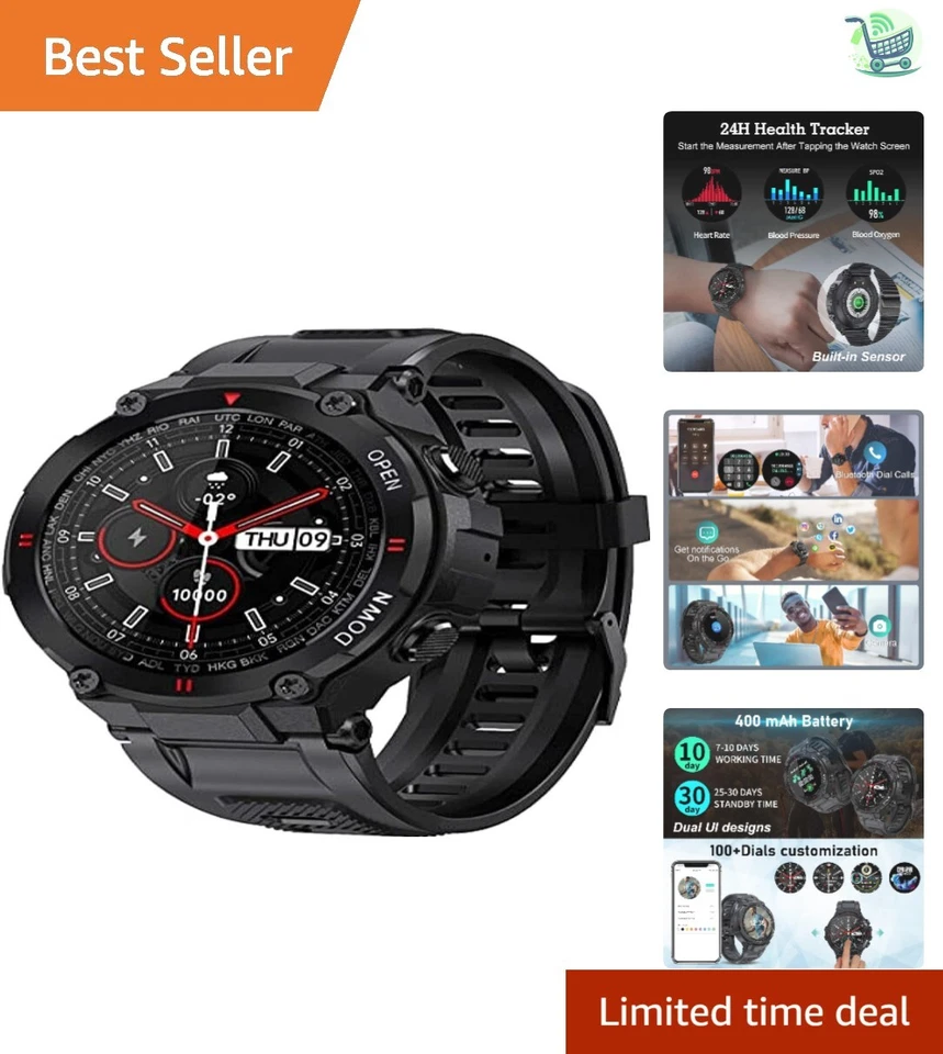 Reloj inteligente táctico resistente con pantalla HD de 1,3" - Bluetooth rastreador de llamadas y fitness Foto 1 de 4