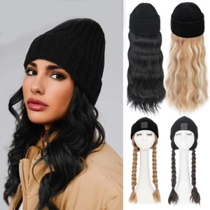 18in Beanie Hat Wig with Hair Attached Long Wavy Black Winter Knitted Beanie Hat - Picture 1 of 22