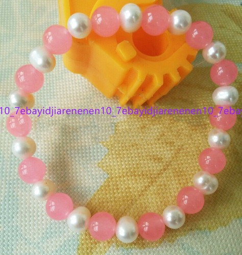 VALENTINO Bracciale perle bianche naturali 7 8 mm e pietre preziose giada rosa tonde 8 mm 7 5 in