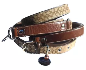 COLLARE COACH MARRONE JACQUARD FIRMA C PELLE CANE ANIMALE DOMESTICO 4003 GUINZAGLIO 8837 SET XL - Foto 1 di 18