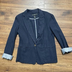 Forever 21 Small Navy Blazer Linen Cotton Striped Accents 3/4 Sleeves Business - Picture 1 of 9
