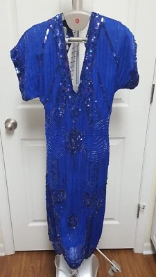 VTG Swee Lo Silk Bead Sequin Blue 100% Silk Cocktail Evening Dress Medium 80s - Image 1 of 4