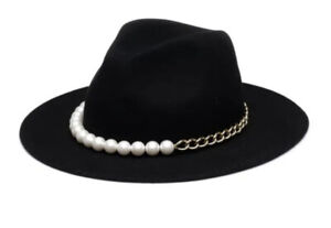Eugenia Kim Hat Black Sandra Wool & Faux Pearl Hold Chain Fedora Hat New NWT