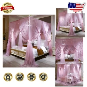 Elegant 4 Opening Bed Canopy with Double Pink Fabric - Ideal for Bedroom Style - Picture 1 of 8