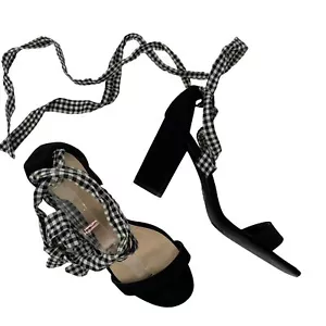 Womens Charlotte Russe Black High Suede Heels Gingham Check Straps Sz 10 2303 - Picture 1 of 13