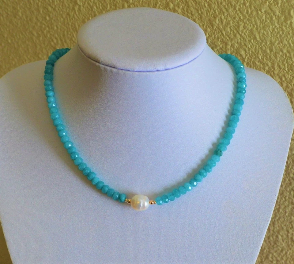 Handmade Faceted Blue Paraiba Tourmaline Pearl Yellow Gold Choker Necklace - Image 1 of 4