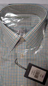 NEW: Men's SMALL, John Bartlett Long Sleeved Shirt, White/Blue/Orange Checked - Picture 1 of 2