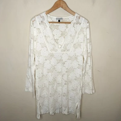 J Valdi White Lace Beach Cover Up Dress Tunic Medium Women's Long Sleeve V Neck - Image 1 of 4