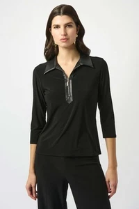 Joseph Ribkoff Silky and Leatherette Fitted Top 253176 A/W25 Uk 6 - Picture 1 of 6