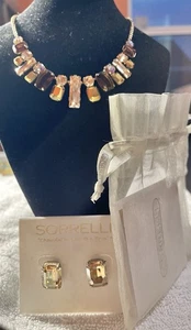 Sorrelli Vintage Crystal Rectangle Stud Earrings Gold Tone W- Matching Necklace - Picture 1 of 14