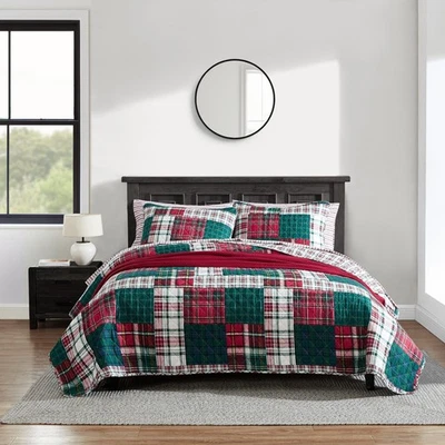 Patchwork Reversible Quilt Set Red Green Navy Plaid Cotton Lightweight Washable - Image 1 of 4