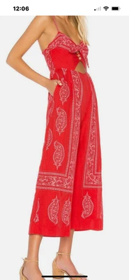 $148 FREE PEOPLE Talla 12 FEEL THE SUN RECORTE TIRANTES ESPAGUETI MONO ESTAMPADO ROJO Foto 1 de 4