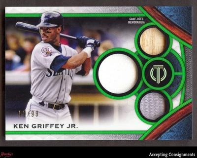 2021 Topps Tribute Triple Relics Green Ken Griffey Jr. /99 GAME USED JERSEY BAT - Image 1 of 2