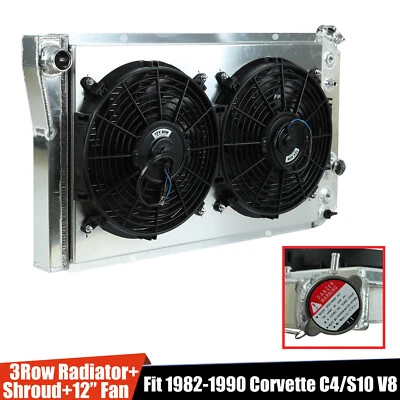 3 ROW ALUMINUM RADIATOR+FAN SHROUD FOR 82-02 CHEVY S10 BLAZER 84-90 CORVETTE V8 - Image 1 of 4