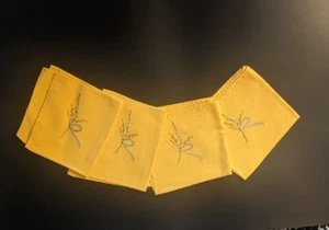 Linen Tea Napkins Set of 4 Vintage Yellow Gold Embroidered Pussy Willow 9.75" - Picture 1 of 4