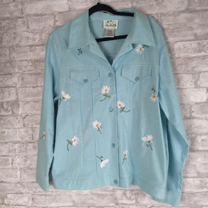 Quacker Factory Gingham Jacket Medium Daisy Embroidered Blue White Whimsy - Picture 1 of 11