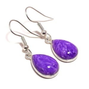 Genuine Purple Charoite Cabochon Pear Gemstone Handmade Drop Dangle Earrings - Picture 1 of 3