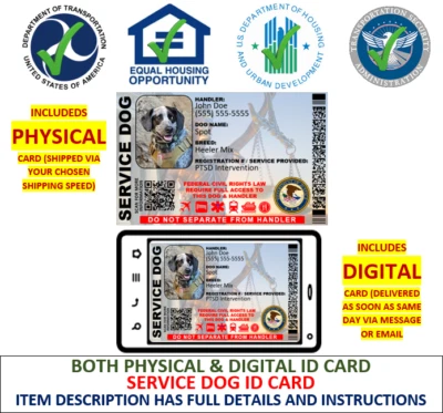 TARJETA DE IDENTIFICACIÓN DE PERRO DE SERVICIO - TARJETA FÍSICA Y DIGITAL PERSONALIZABLE DE 2 CARAS INCLUIDA LJ Foto 1 de 4