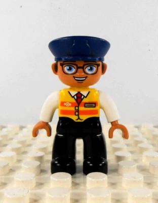 Lego Duplo Figure Train Conductor navy cap yellow/orang vest black pants - Image 1 of 3