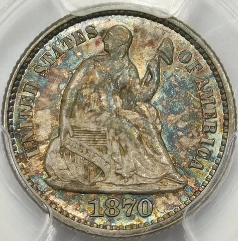 😱😍PCGS🌈 MS65🌈🗽 1870 SEATED LIBERTY HALF DIME Cover