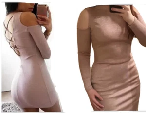 Lipsy Bodycon Dusky Pink Nude Glitter Dress 10 Long sleeve Party Occasion Xmas - Picture 1 of 15