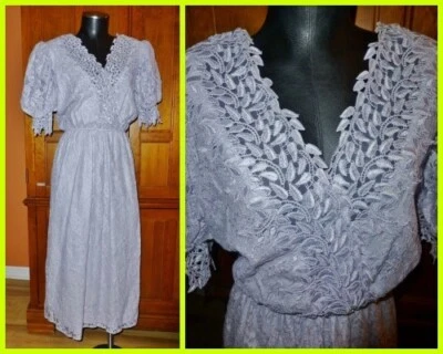 Vtg 80s Cachet by Bari Protas Scallop LACE Puff Slv Wedding Boho Party DRESS M/L - Image 1 of 4